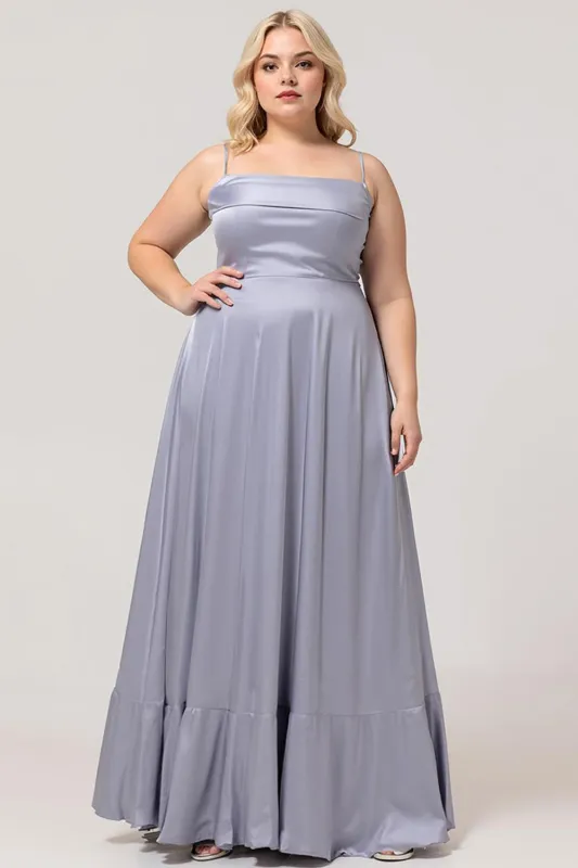 Dusty Blue A-Line Satin Long Plus Size Bridesmaid Dress with Lace Up Back sold by Wedtrend