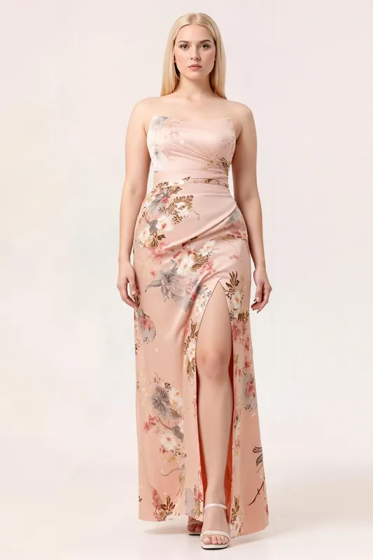 Blush Sheath Strapless Print Satin Long Floral Plus Size Bridesmaid Dress with Slit sold by Wedtrend