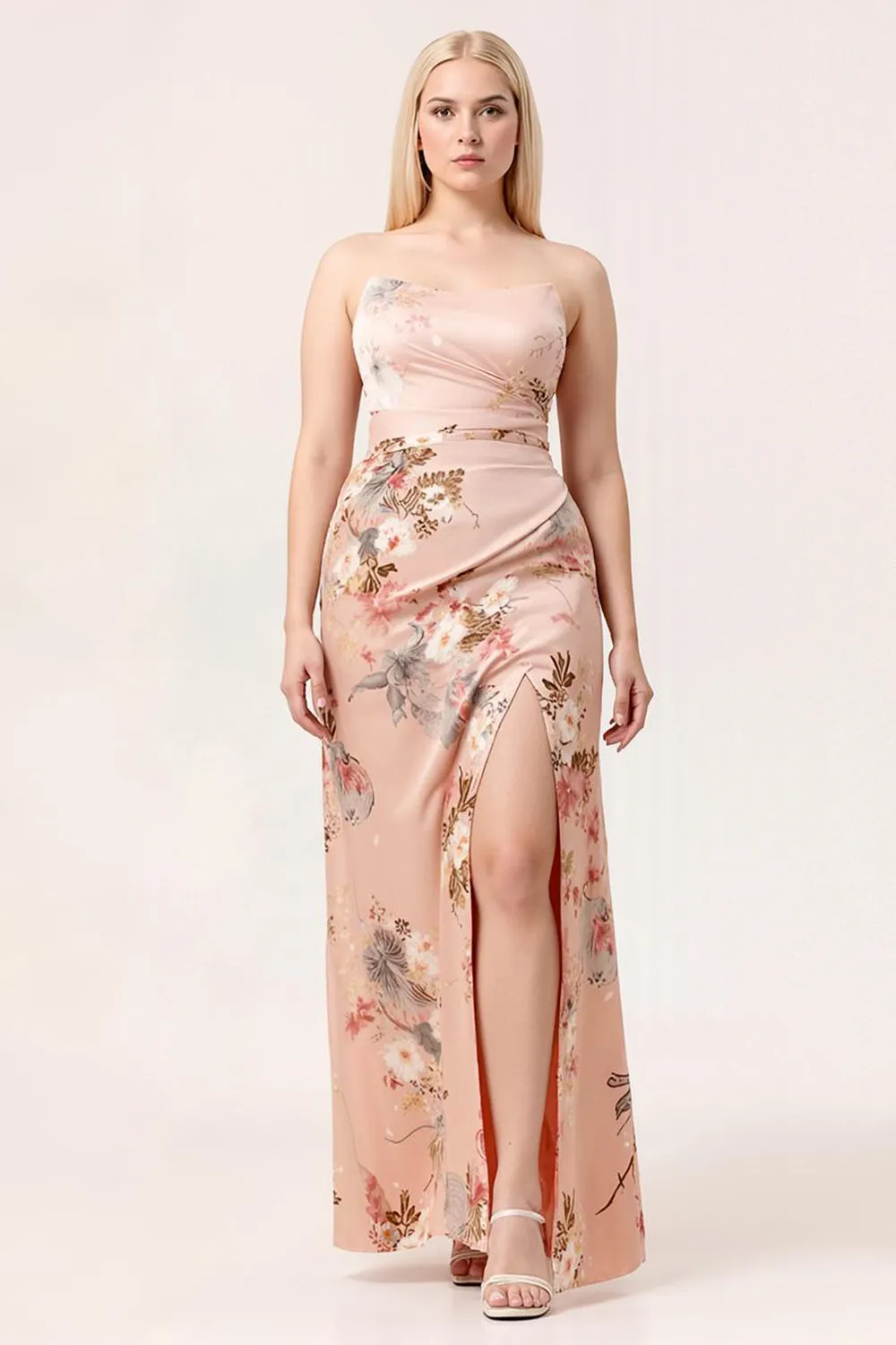 Blush Sheath Strapless Print Satin Long Floral Plus Size Bridesmaid Dress with Slit sold by Wedtrend