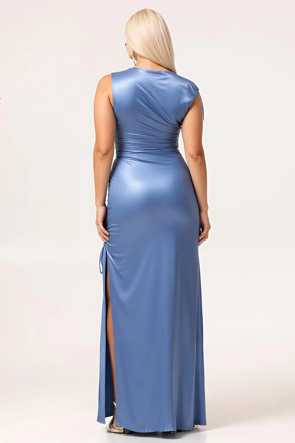 Blue Sheath Drawstring Satin Long Plus Size Bridesmaid Dress with Slit sold by Wedtrend product image thumbnail 3