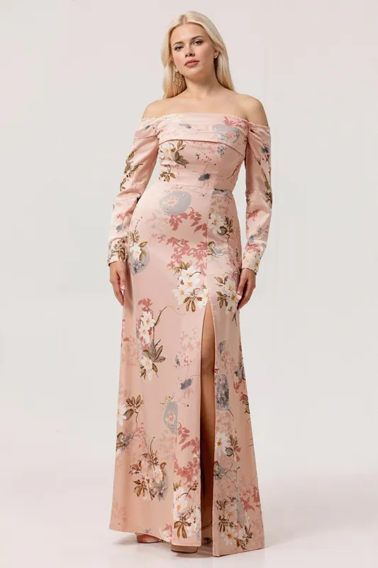 Blush Off The Shoulder Long Sleeves Print Satin Floral Plus Size Bridesmaid Dress with Slit made by Wedtrend