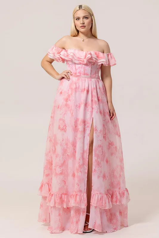 Pink Floral A-Line Off The Shoulder Plus Size Bridesmaid Dress with Ruffles made by Wedtrend