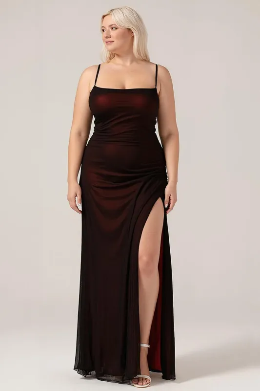 Black Red Sheath Spaghetti Straps Backless Maxi Plus Size Bridesmaid Dress made by Wedtrend