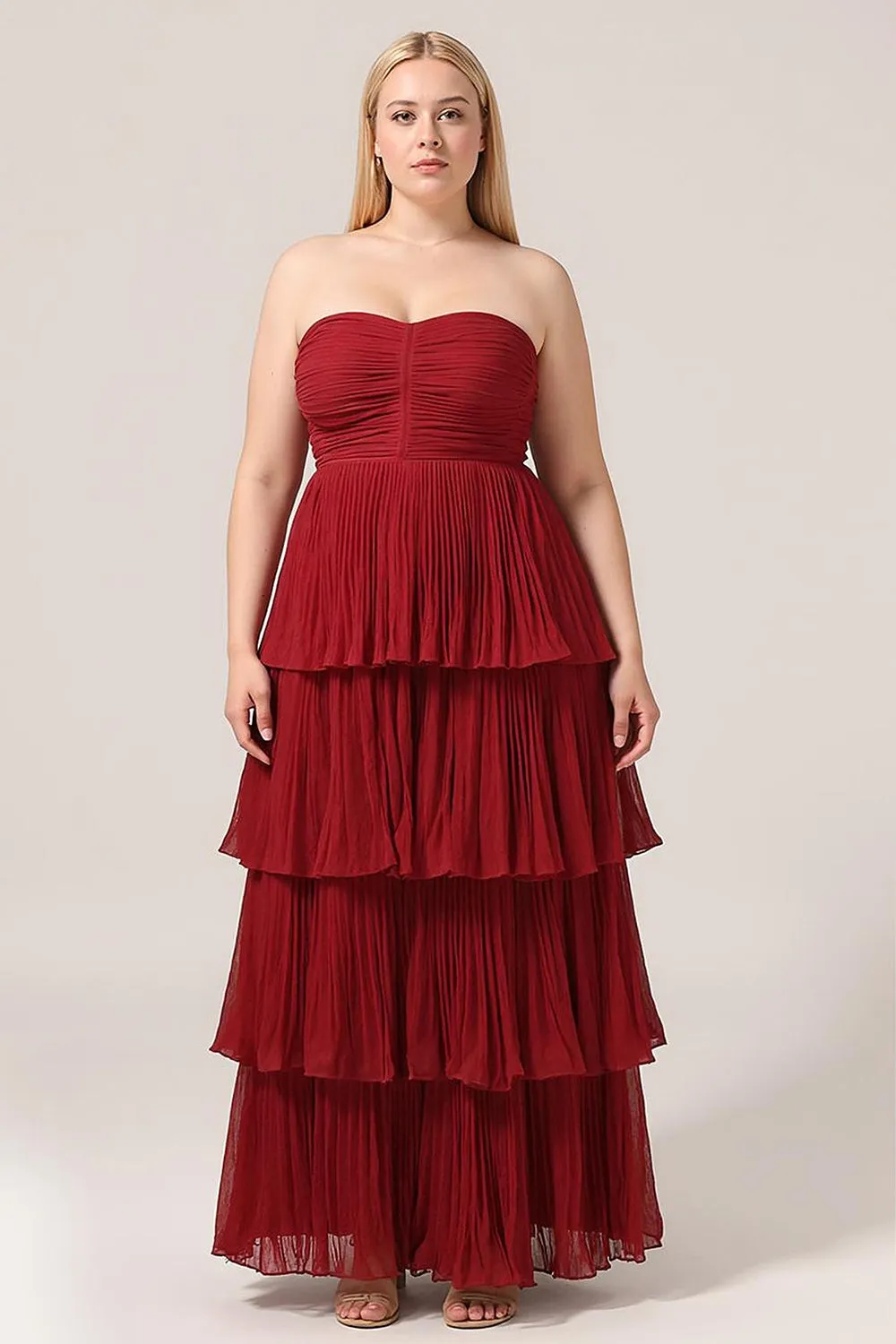 Burgundy A-Line Tiered Sweetheart Chiffon Plus Size Bridesmaid Dress sold by Wedtrend