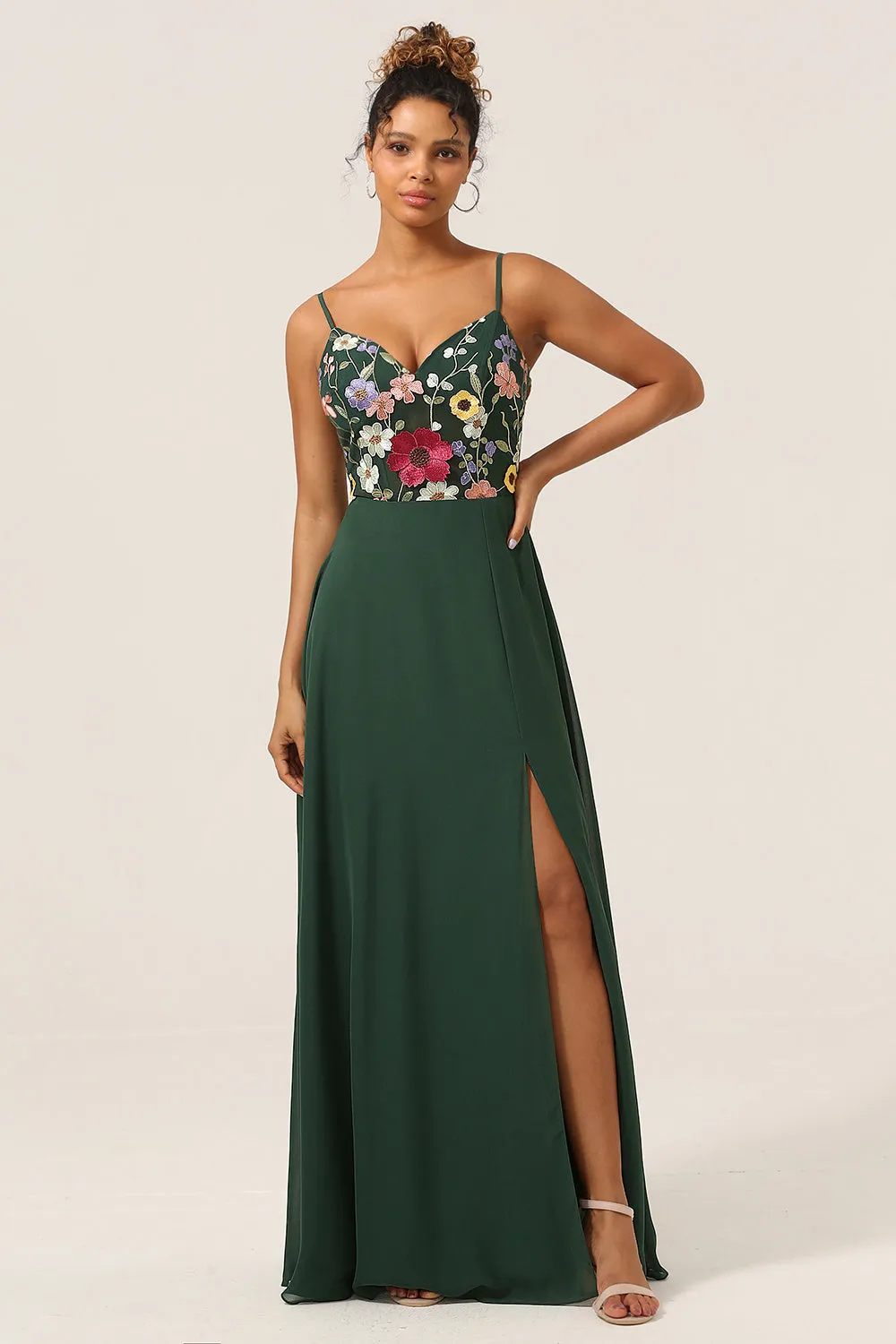 Dark Green A-Line Spaghetti Straps Plus Size Chiffon Bridesmaid Dress with 3D Flowers sold by Wedtrend product image thumbnail 5