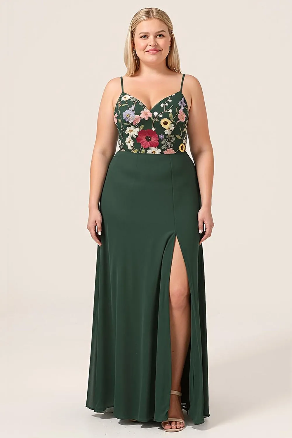 Dark Green A-Line Spaghetti Straps Plus Size Chiffon Bridesmaid Dress with 3D Flowers sold by Wedtrend
