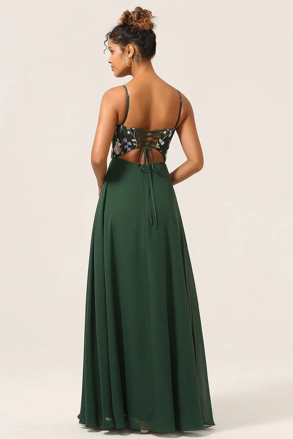 Dark Green A-Line Spaghetti Straps Plus Size Chiffon Bridesmaid Dress with 3D Flowers sold by Wedtrend product image thumbnail 4