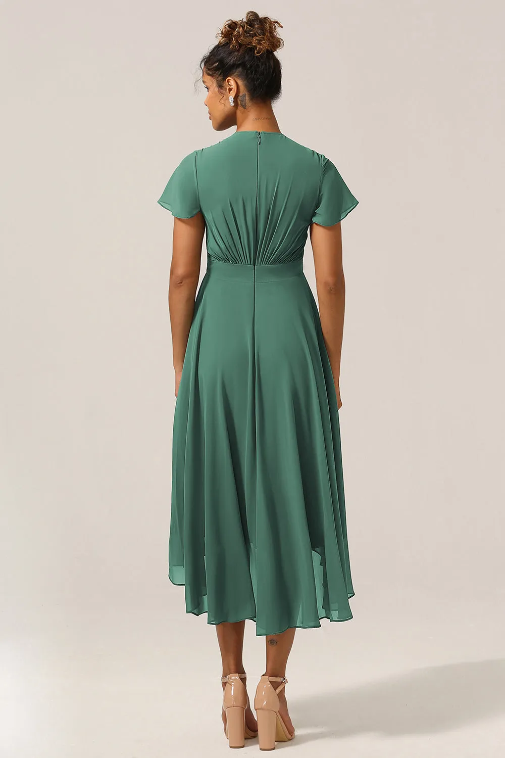 A Line V-Neck Short Sleeves Eucalyptus Plus Size Bridesmaid Dress With Bow sold by Wedtrend product image thumbnail 4