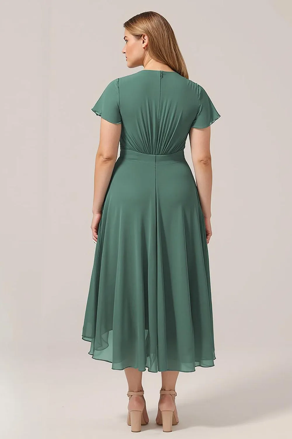A Line V-Neck Short Sleeves Eucalyptus Plus Size Bridesmaid Dress With Bow sold by Wedtrend product image thumbnail 3