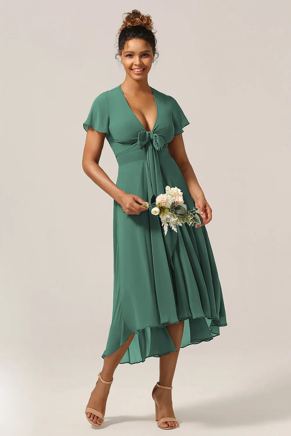 A Line V-Neck Short Sleeves Eucalyptus Plus Size Bridesmaid Dress With Bow sold by Wedtrend product image thumbnail 5