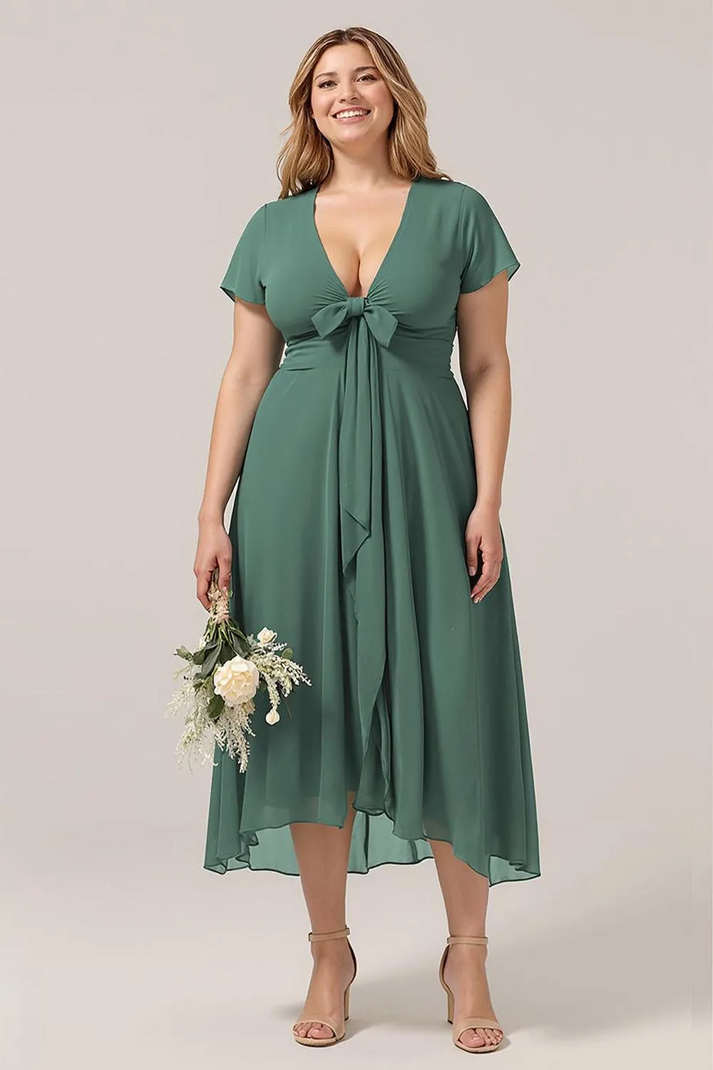 A Line V-Neck Short Sleeves Eucalyptus Plus Size Bridesmaid Dress With Bow sold by Wedtrend