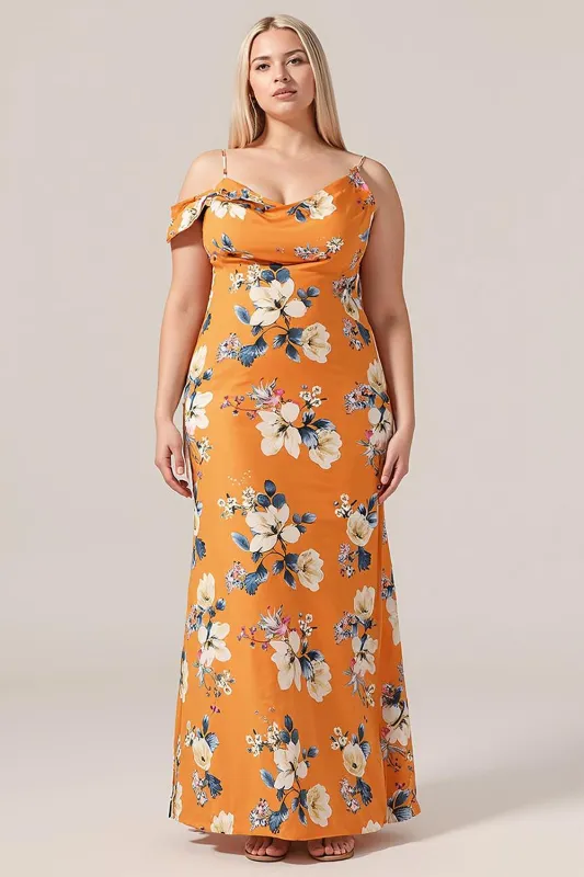 Orange Flower Mermaid Cold Shoulder Cowl Neck Satin Plus Size Bridesmaid Dress made by Wedtrend
