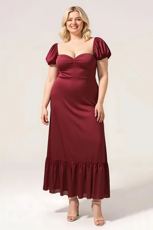 Burgundy Sheath Square Neck Tea-Length Satin Plus Size Bridesmaid Dress with Ruffles sold by Wedtrend