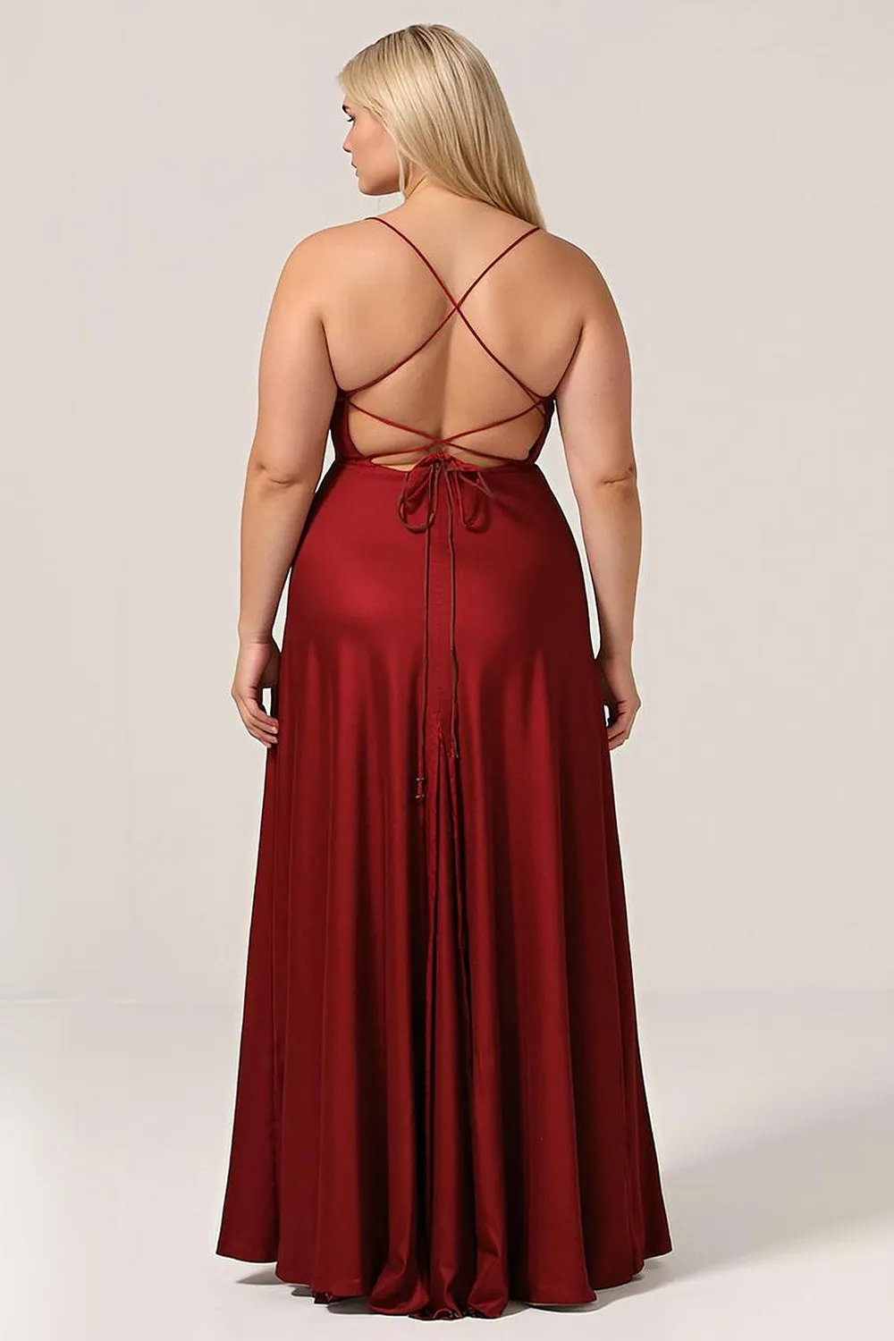 Burgundy A-Line Spaghetti Straps Satin Plus Size Bridesmaid Dress sold by Wedtrend product image thumbnail 3