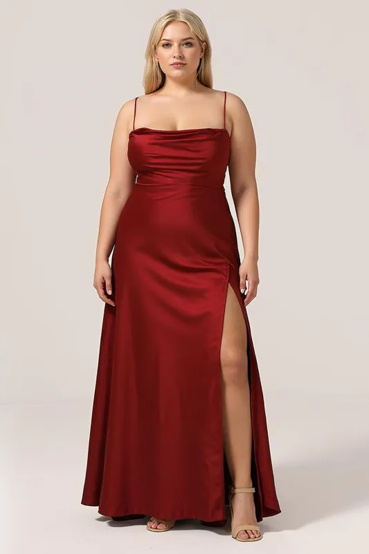 Burgundy A-Line Spaghetti Straps Satin Plus Size Bridesmaid Dress sold by Wedtrend