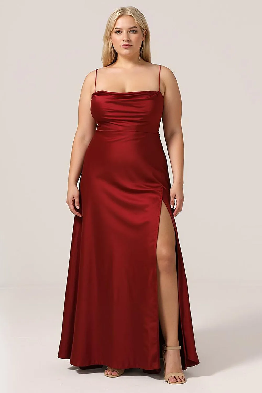 Burgundy A-Line Spaghetti Straps Satin Plus Size Bridesmaid Dress sold by Wedtrend