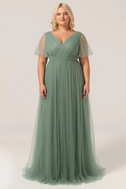 Eucalyptus A Line V Neck Tulle Plus Size Bridesmaid Dress sold by Wedtrend