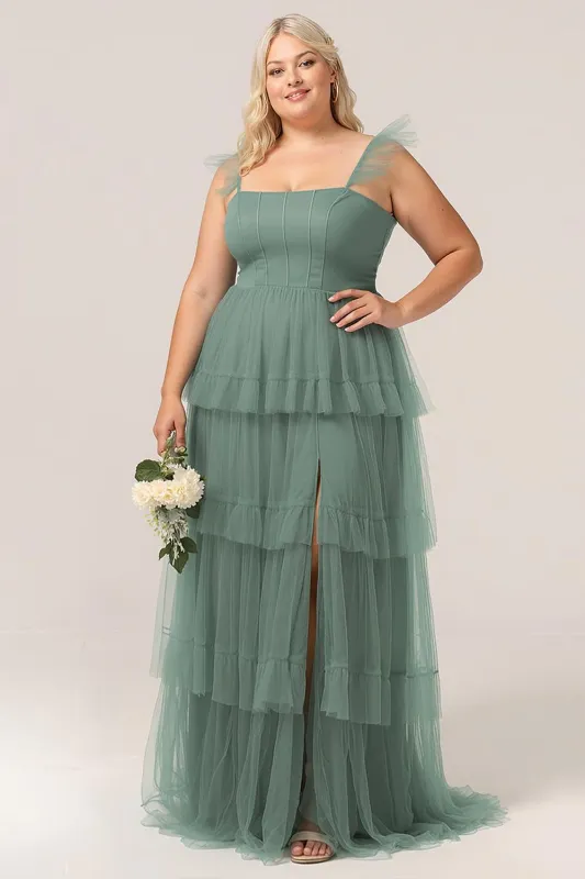 Eucalyptus A Line Spaghetti Straps Floor Length Plus Size Tulle Bridesmaid Dress sold by Wedtrend