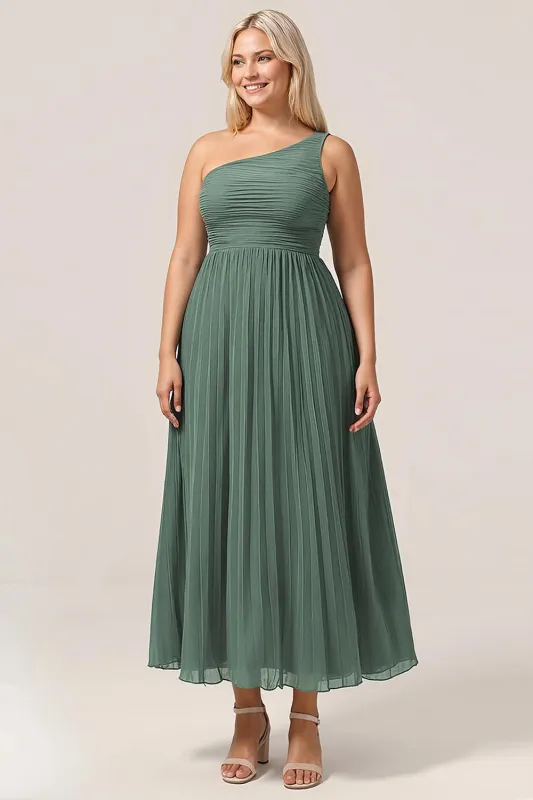 Eucalyptus A Line One Shoulder Ruched Chiffon Plus Size Bridesmaid Dress made by Wedtrend