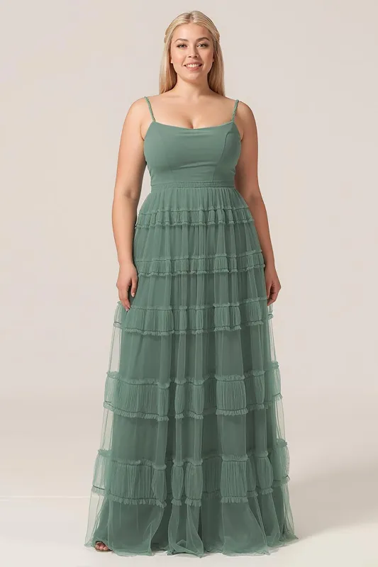 Eucalyptus A Line Spaghetti Straps Tiered Tulle Plus Size Bridesmaid Dress sold by Wedtrend