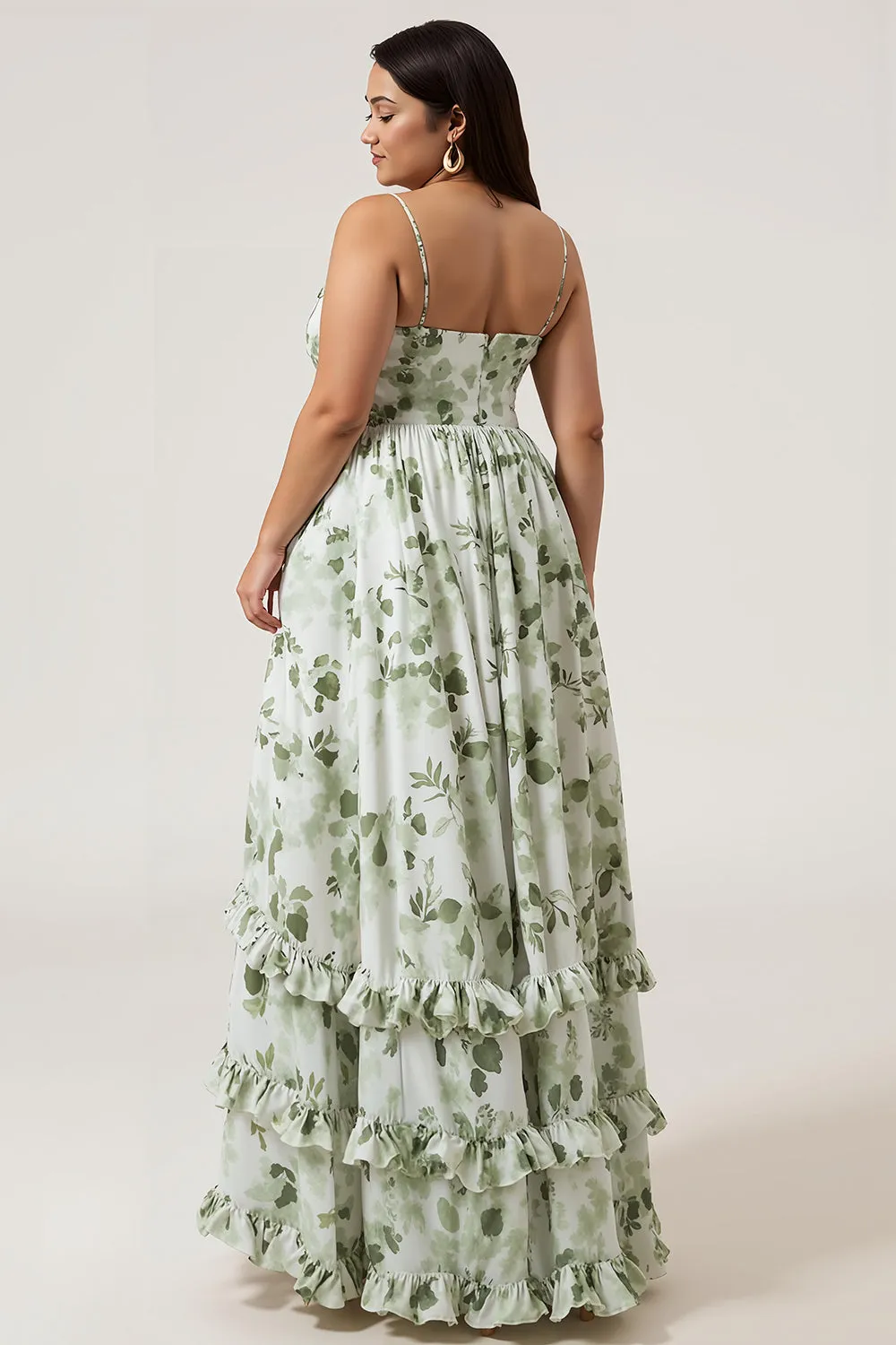 A-Line Spaghetti Straps Printed Long Green Plus Size Bridesmaid Dress With Slit sold by Wedtrend product image thumbnail 3