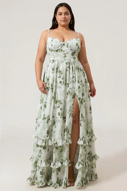 A-Line Spaghetti Straps Printed Long Green Plus Size Bridesmaid Dress With Slit sold by Wedtrend