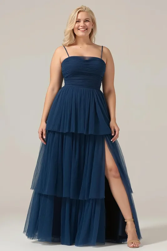Navy A Line Spaghetti Straps Tulle Pleated Long Plus Size Bridesmaid Dress With Slit sold by Wedtrend