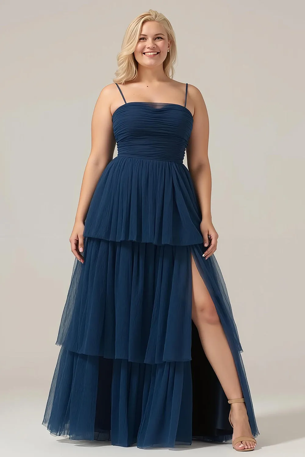 Navy A Line Spaghetti Straps Tulle Pleated Long Plus Size Bridesmaid Dress With Slit sold by Wedtrend