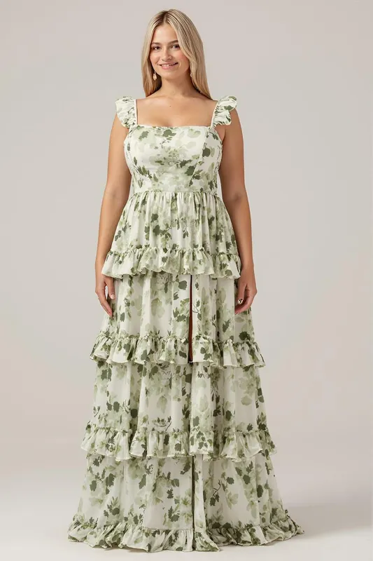 Green Flower A-Line Printed Tiered Long Plus Size Bridesmaid Dress With Slit sold by Wedtrend