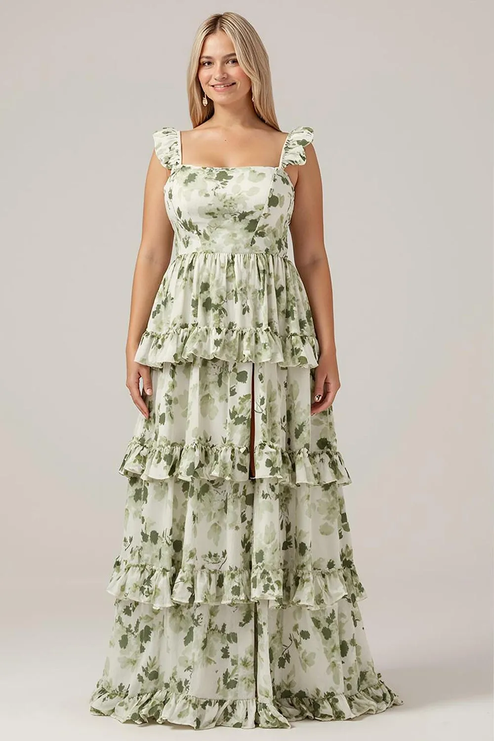 Green Flower A-Line Printed Tiered Long Plus Size Bridesmaid Dress With Slit sold by Wedtrend