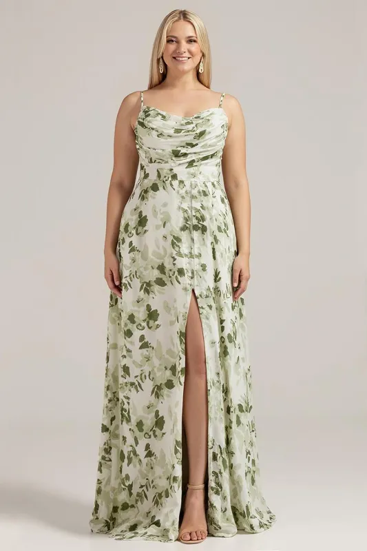 Green Printed A-Line Cowl Neck Long Plus Size Bridesmaid Dress With Slit sold by Wedtrend