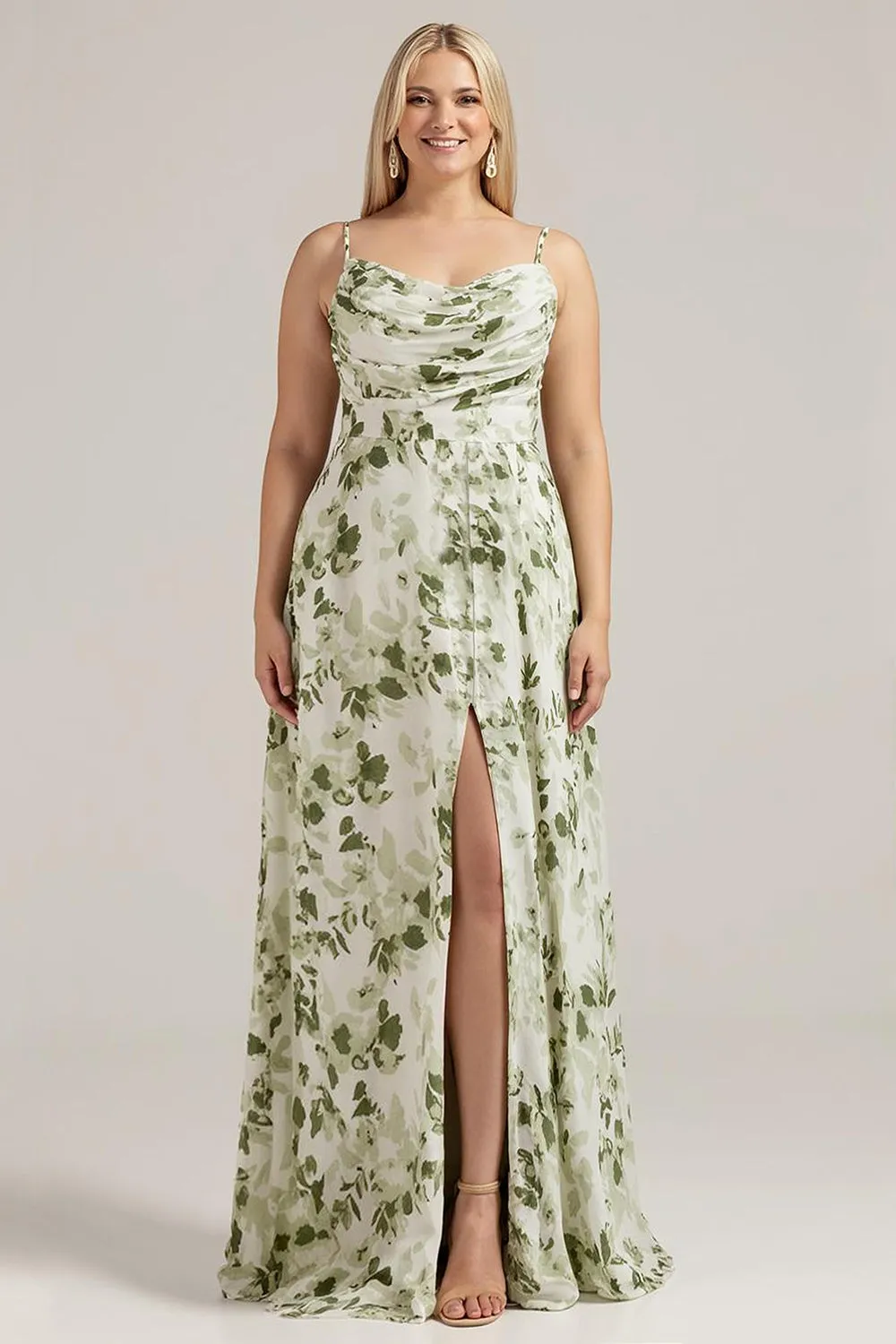 Green Printed A-Line Cowl Neck Long Plus Size Bridesmaid Dress With Slit sold by Wedtrend