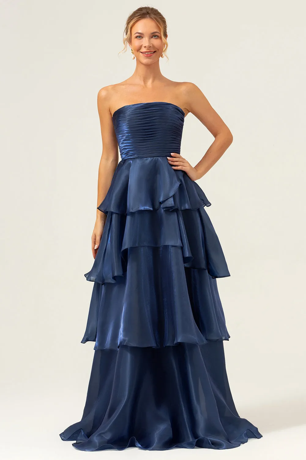 Dark Navy A Line Strapless Tiered Pleated Ruffled Plus Size Maxi Dress sold by Wedtrend product image thumbnail 2