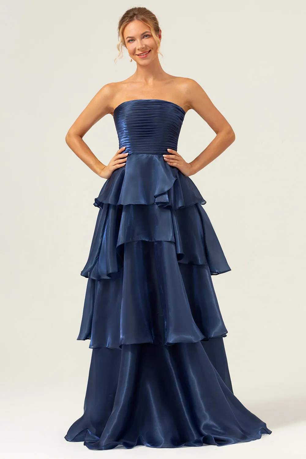 Dark Navy A Line Strapless Tiered Pleated Ruffled Plus Size Maxi Dress sold by Wedtrend product image thumbnail 5