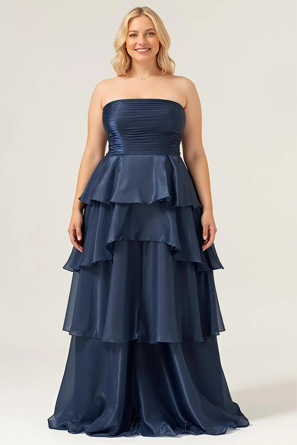 Dark Navy A Line Strapless Tiered Pleated Ruffled Plus Size Maxi Dress sold by Wedtrend