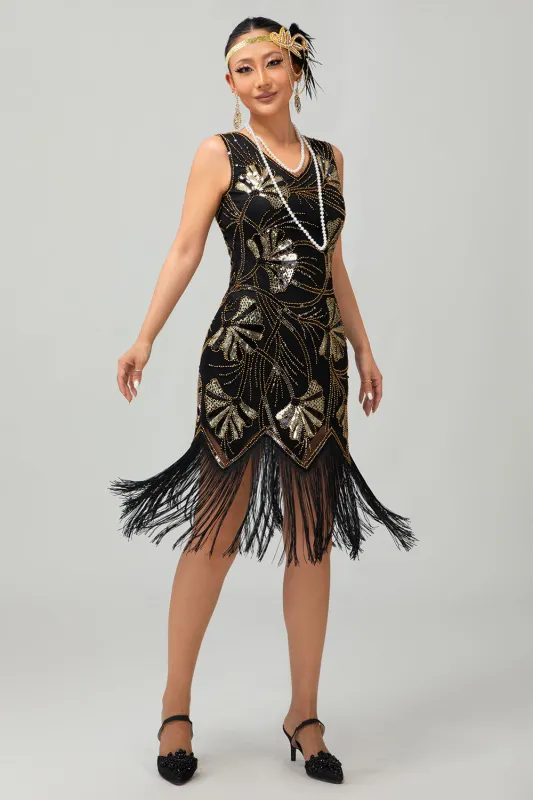 Sparkly Black Golden Short 1920s Dress with Fringes made by Wedtrend