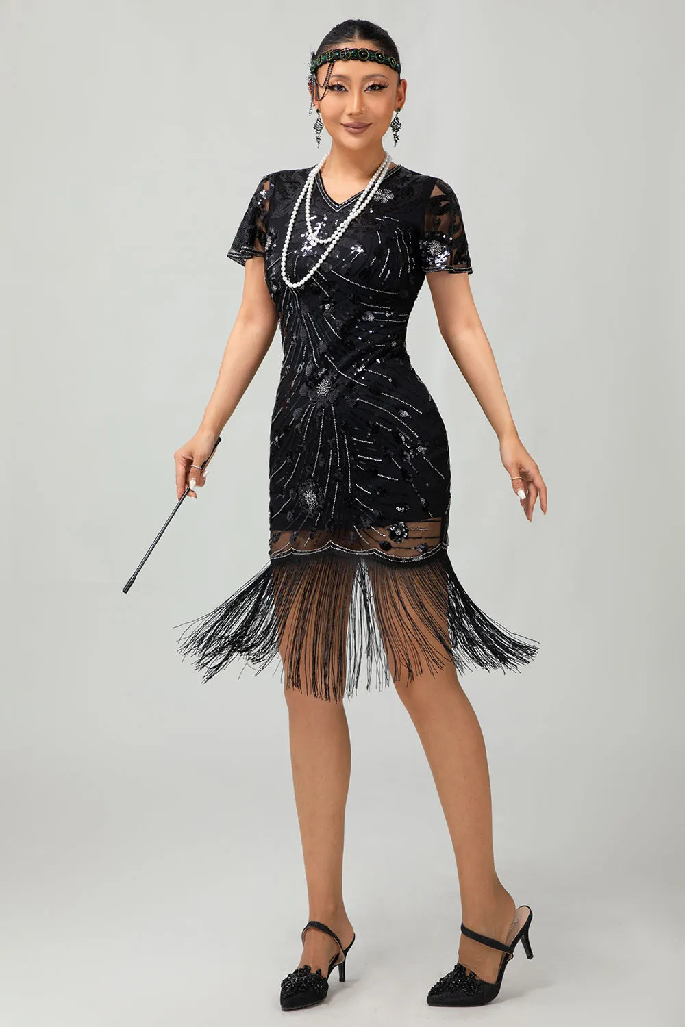 Sparkly Black Golden Gatsby Sequins Short 1920s Dress with Fringes sold by Wedtrend product image thumbnail 3