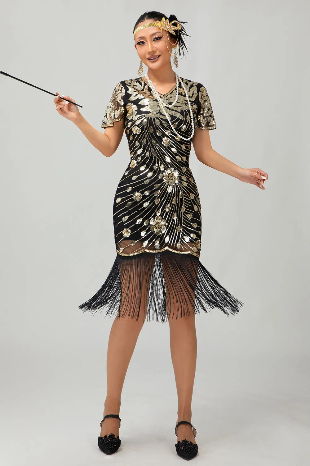 Sparkly Black Golden Gatsby Sequins Short 1920s Dress with Fringes sold by Wedtrend