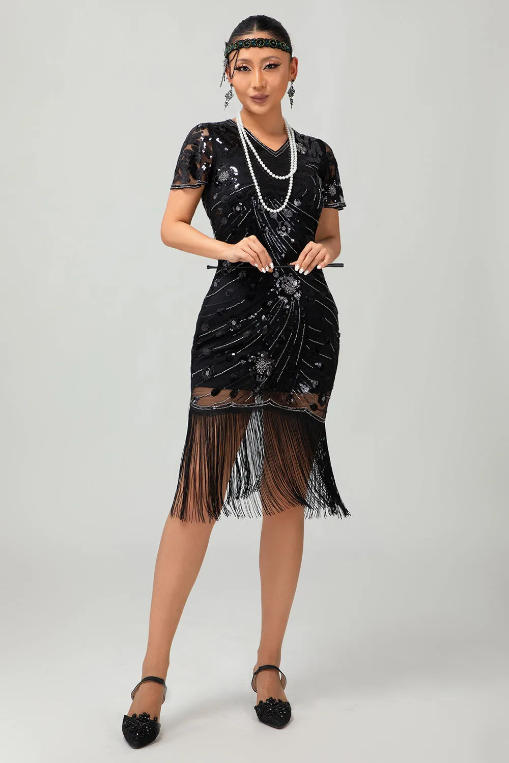 Sparkly Black Golden Gatsby Sequins Short 1920s Dress with Fringes sold by Wedtrend product image thumbnail 5