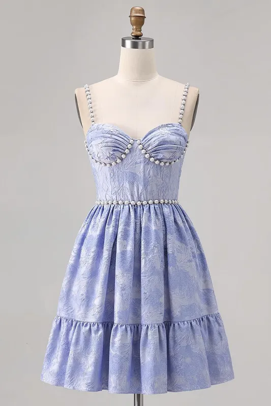 Beaded A Line Spaghetti Straps Brocade Mini Blue Homecoming Dress with Pearls made by Wedtrend