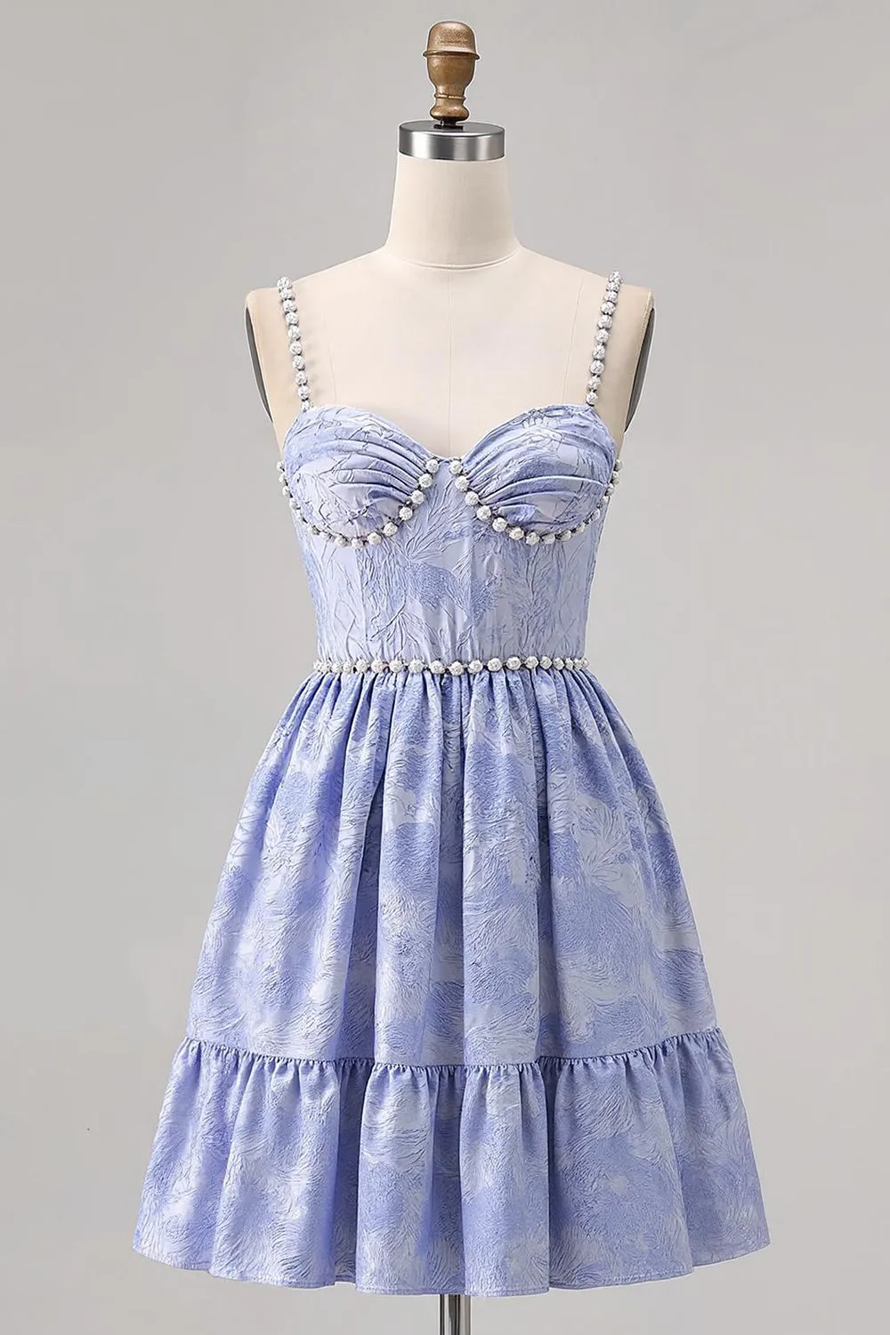 Beaded A Line Spaghetti Straps Brocade Mini Blue Homecoming Dress with Pearls sold by Wedtrend