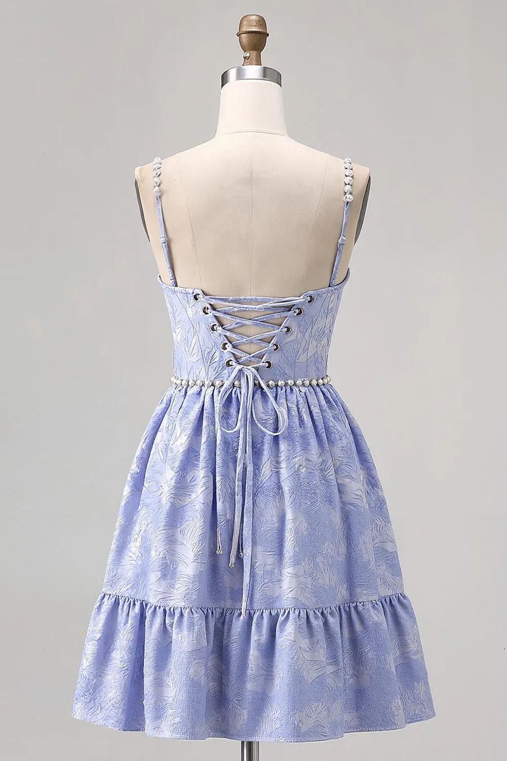 Beaded A Line Spaghetti Straps Brocade Mini Blue Homecoming Dress with Pearls sold by Wedtrend product image thumbnail 2