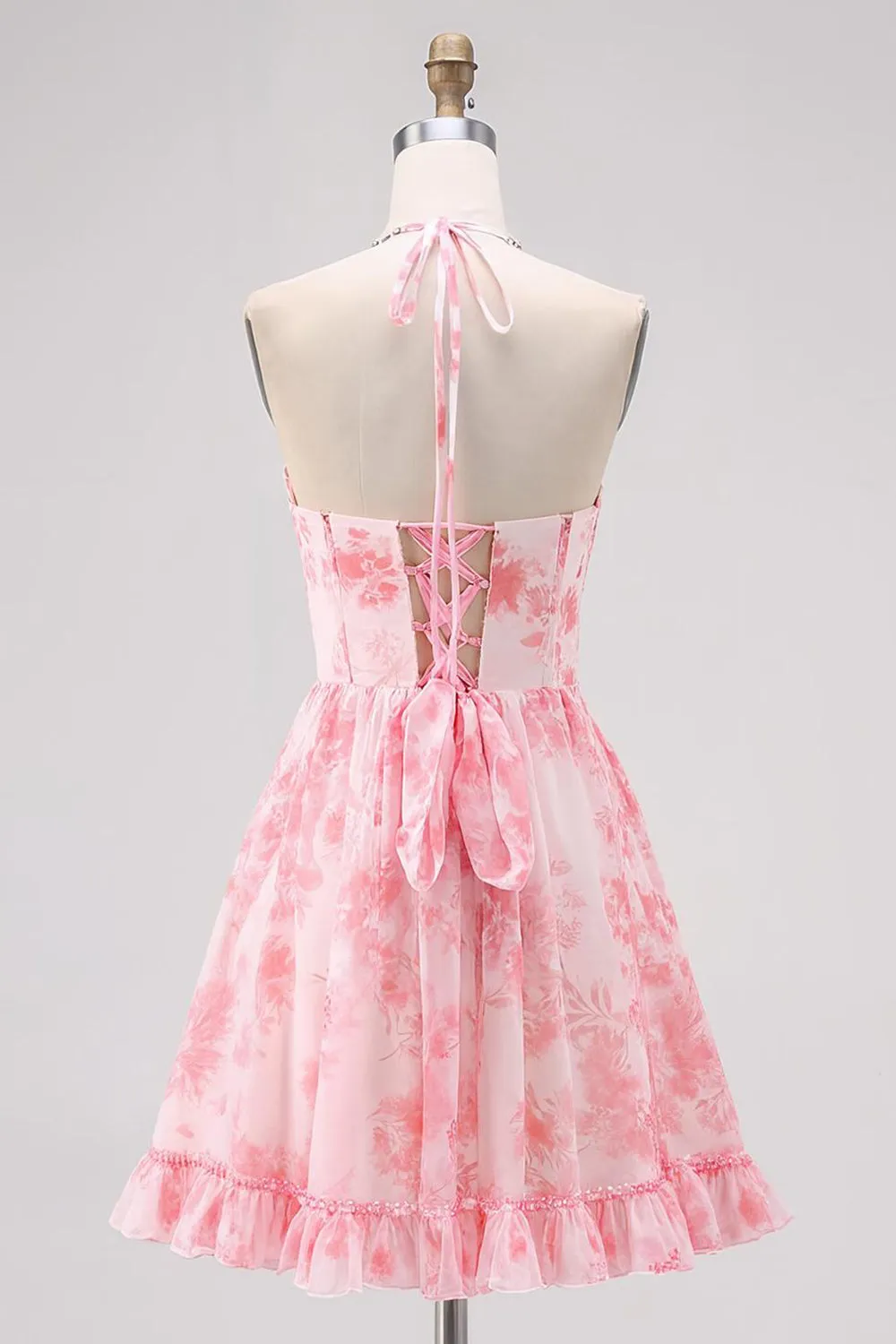 Pink Floral A Line V Neck Halter Corset Homecoming Dress with Lace Up Back sold by Wedtrend product image thumbnail 2