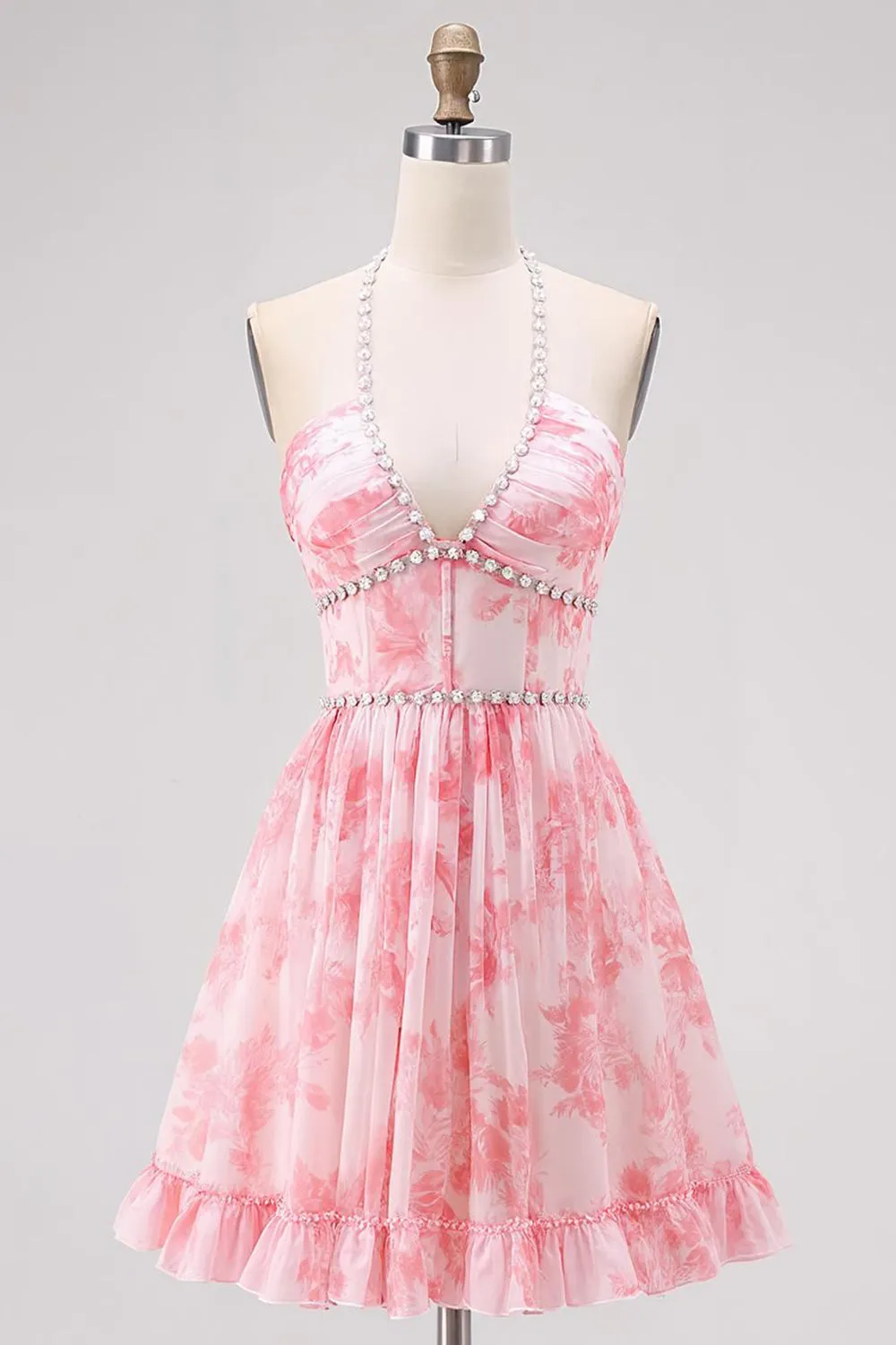 Pink Floral A Line V Neck Halter Corset Homecoming Dress with Lace Up Back sold by Wedtrend