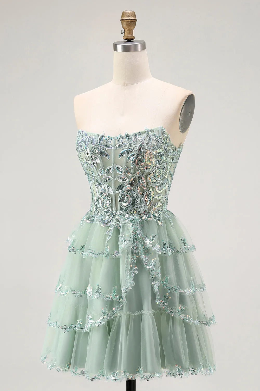 Dusty Sage Strapless A Line Tiered Mini Homecoming Dress with Slit sold by Wedtrend product image thumbnail 3