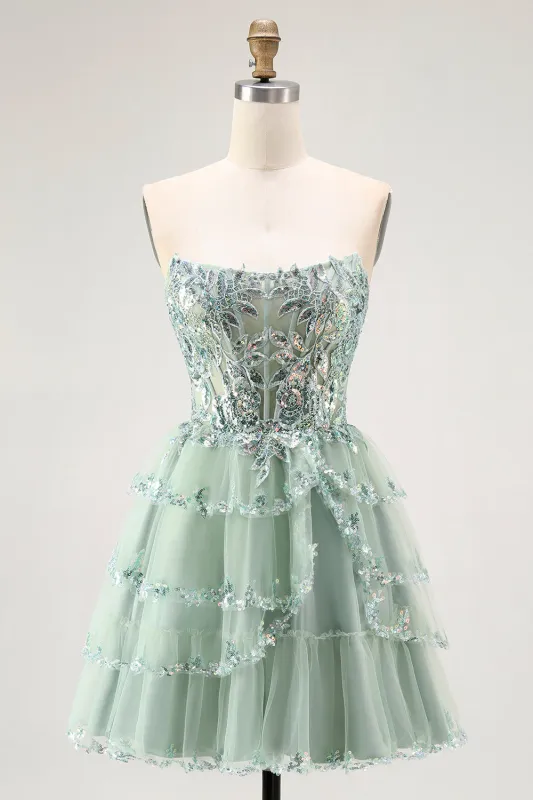 Dusty Sage Strapless A Line Tiered Mini Homecoming Dress with Slit made by Wedtrend