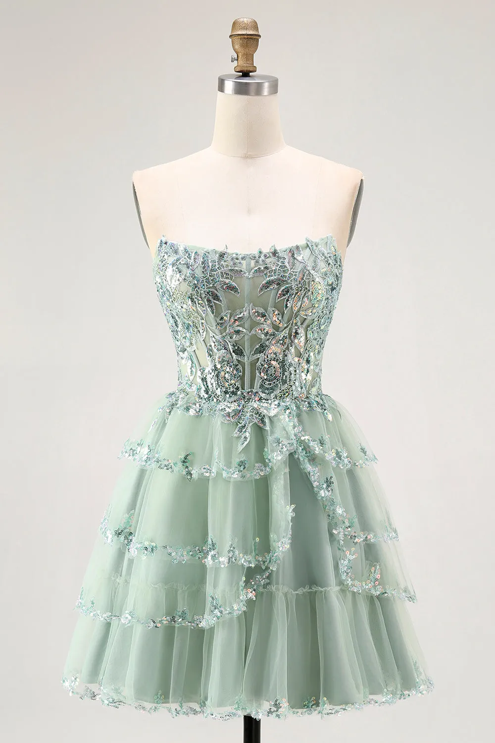 Dusty Sage Strapless A Line Tiered Mini Homecoming Dress with Slit sold by Wedtrend