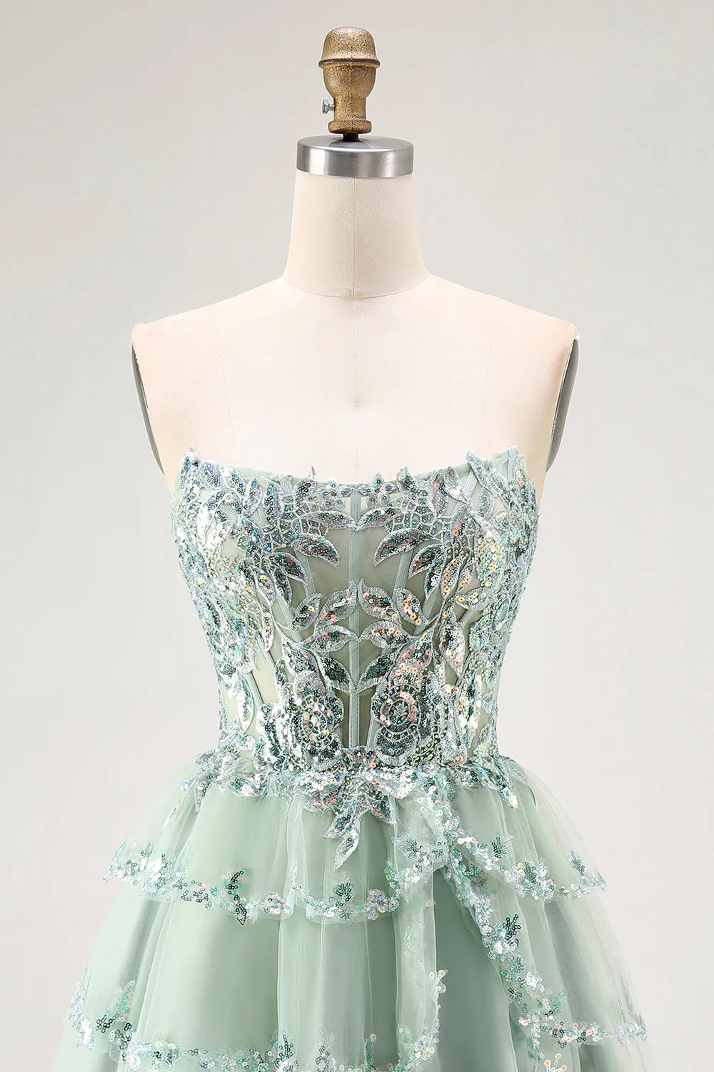 Dusty Sage Strapless A Line Tiered Mini Homecoming Dress with Slit sold by Wedtrend product image thumbnail 4