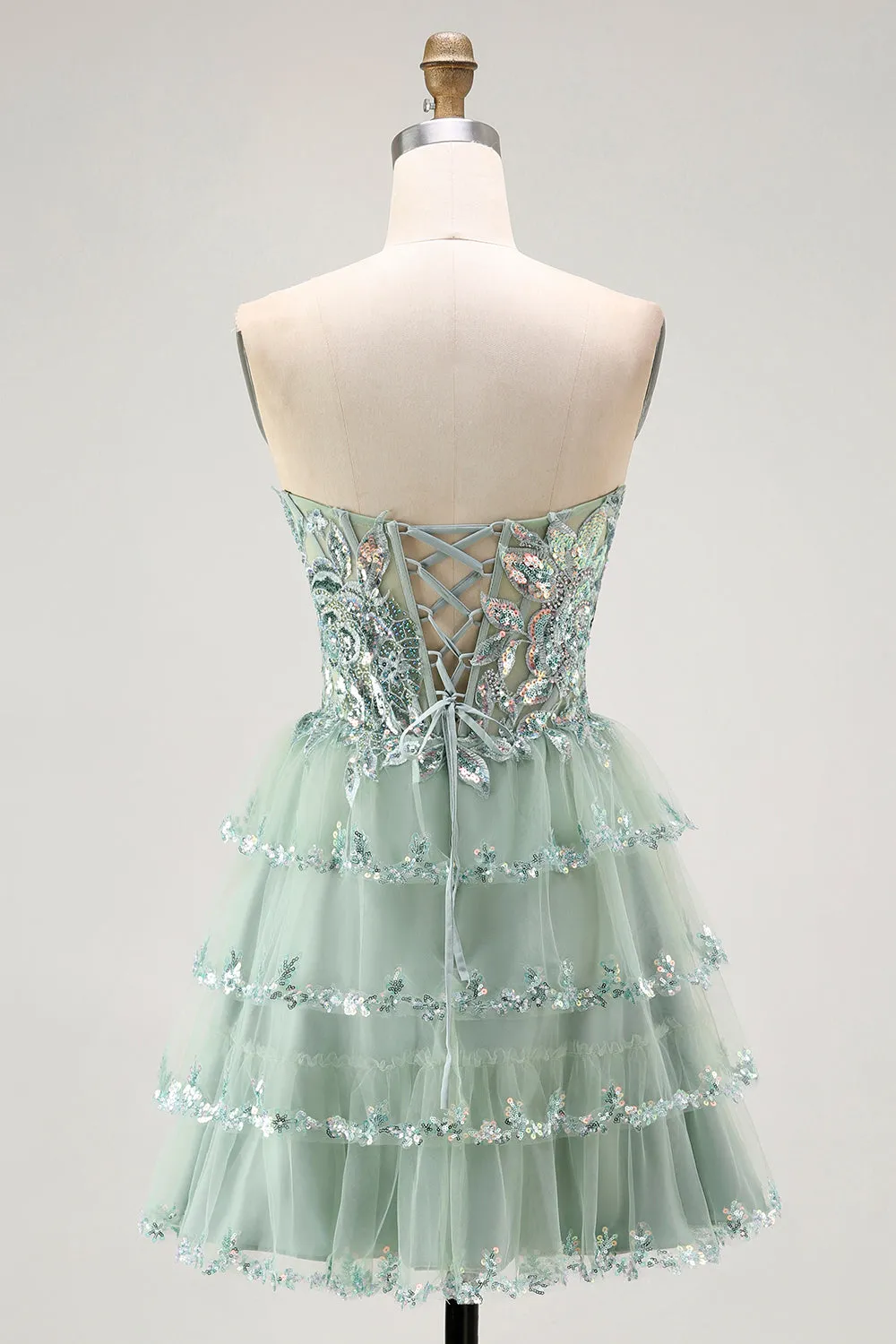 Dusty Sage Strapless A Line Tiered Mini Homecoming Dress with Slit sold by Wedtrend product image thumbnail 2