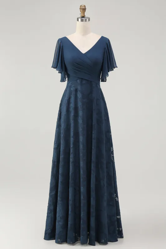 Floral A Line V Neck Maxi Navy Bridesmaid Dress with Flutter Sleeves sold by Wedtrend
